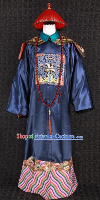 China Traditional Drama Officer Clothing Qing Dynasty Official Navy Robe Uniforms Ancient Minister Garment Costumes and Hat