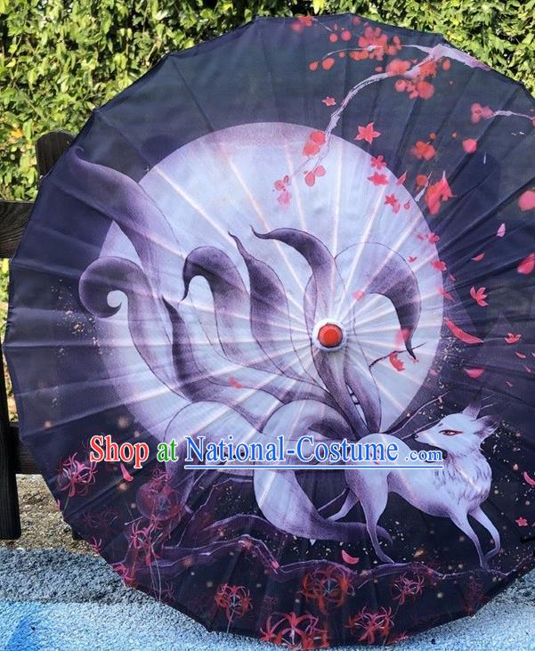 Chinese Classical Umbrella Traditional Performance Umbrella Handmade Navy Silk Umbrellas Printing Nine Tails Fox Umbrella