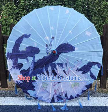 Chinese Traditional Hanfu Tassel Umbrella Handmade Light Blue Silk Umbrellas Printing Epiphyllum Umbrella Classical Dance Umbrella