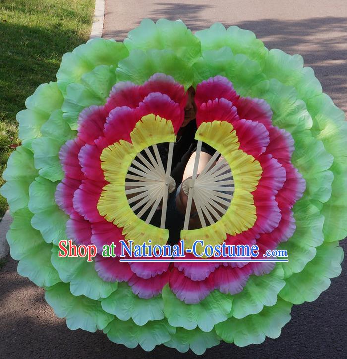 Chinese Yangko Dance Green Silk Fan Opening Dance Fan Peony Dance Fans Folk Dance Double Sides Fan