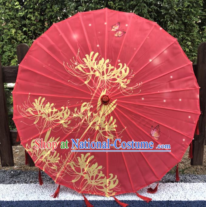 Chinese Printing Manjusaka Red Silk Umbrella Classical Dance Umbrellas Stage Performance Umbrella Traditional Wedding Bumbershoot Classical Dance Prop