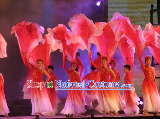 Chinese Spring Festival Gala Opening Dance Silk Fans Folk Dance Fan Yangko Dance Pink Ribbon Fan Group Peony Dance Prop Fan