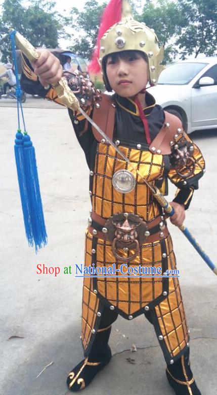 China Three Kingdoms Period Boy General Armor Uniforms Ancient Soldier Garment Costumes Traditional Opera Warrior Clothing and Hat