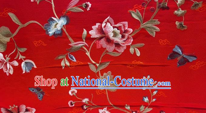 China Wedding Dress Satin Cloth Tang Suit Damask Fabric Traditional Embroidered Peony Silk Drapery Classical Cheongsam Red Brocade Material