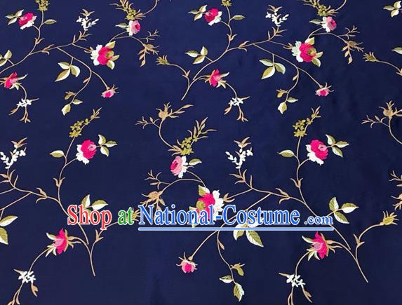 China Classical Little Peony Pattern Silk Fabric Traditional Cheongsam Damask Cloth Mongolian Robe Navy Brocade Material Tang Suit Drapery