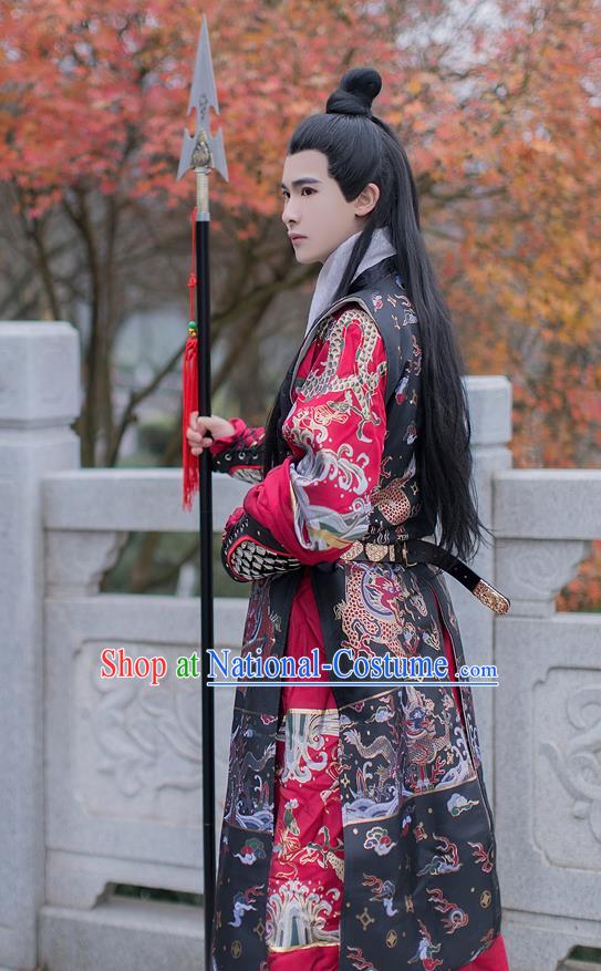 China Ming Dynasty Imperial Guard Flying Fish Clothing Traditional Black Brocade Long Vest Ancient Swordsman Garment Costume