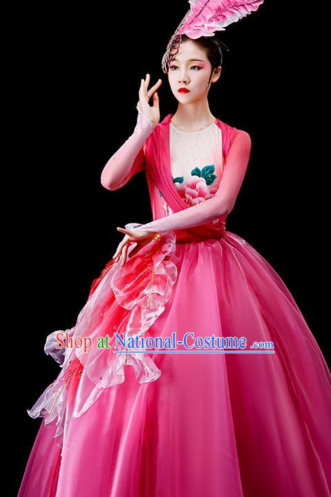 Professional Chorus Performance Costume Modern Dance Pink Veil Dress Opening Dance Garment Women Group Peony Dance Fashion