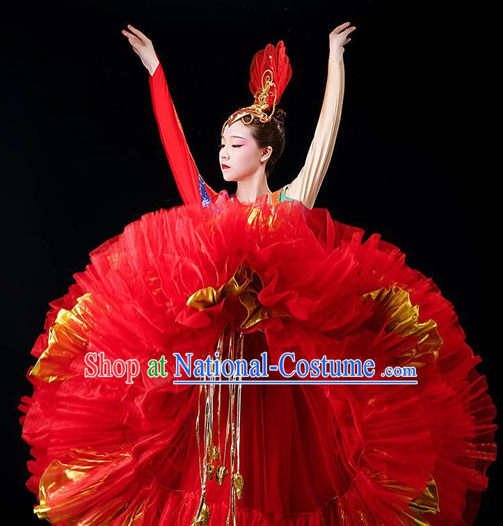 Professional Women Group Flower Dance Fashion Chorus Performance Costume Modern Dance Red Bubble Dress Opening Dance Garment