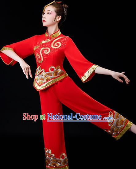 Chinese Women Square Performance Apparels Folk Dance Red Uniforms Traditional Fan Dance Garment Costumes New Year Yangko Dance Clothing