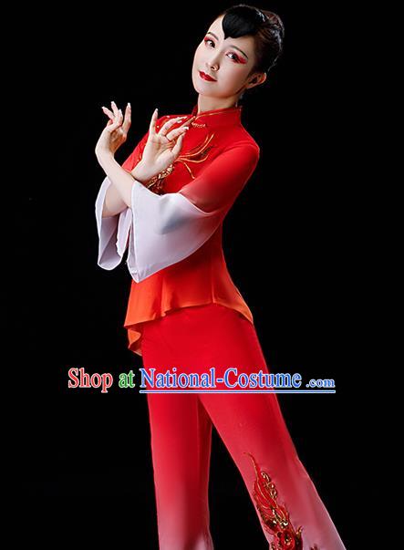 Chinese Traditional Drum Dance Garment Costumes New Year Yangko Dance Clothing Fan Dance Square Performance Apparels Folk Dance Red Chiffon Uniforms