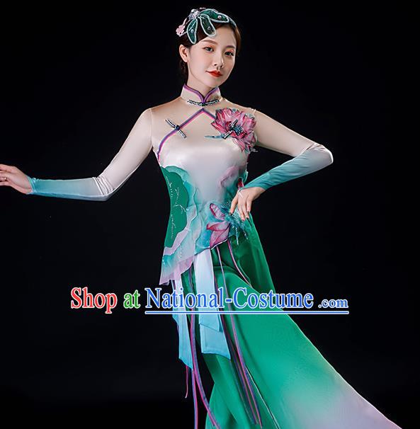 China Classical Dance Green Dress Lotus Dance Garment Costumes Umbrella Dance Clothing Stage Performance Fashion Uniforms