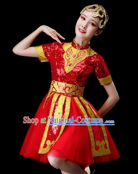 Professional Opening Dance Garment Women Group Drum Dance Fashion Chorus Performance Costume Modern Dance Red Dress