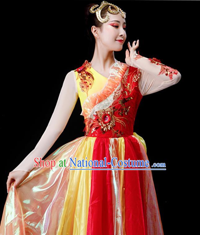 Professional Modern Dance Red Long Dress Opening Dance Garment Women Group Dance Fashion Chorus Performance Costume