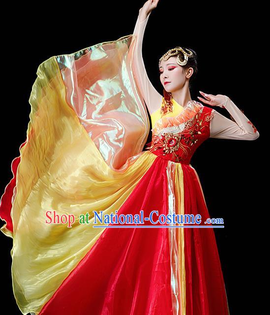 Professional Modern Dance Red Long Dress Opening Dance Garment Women Group Dance Fashion Chorus Performance Costume