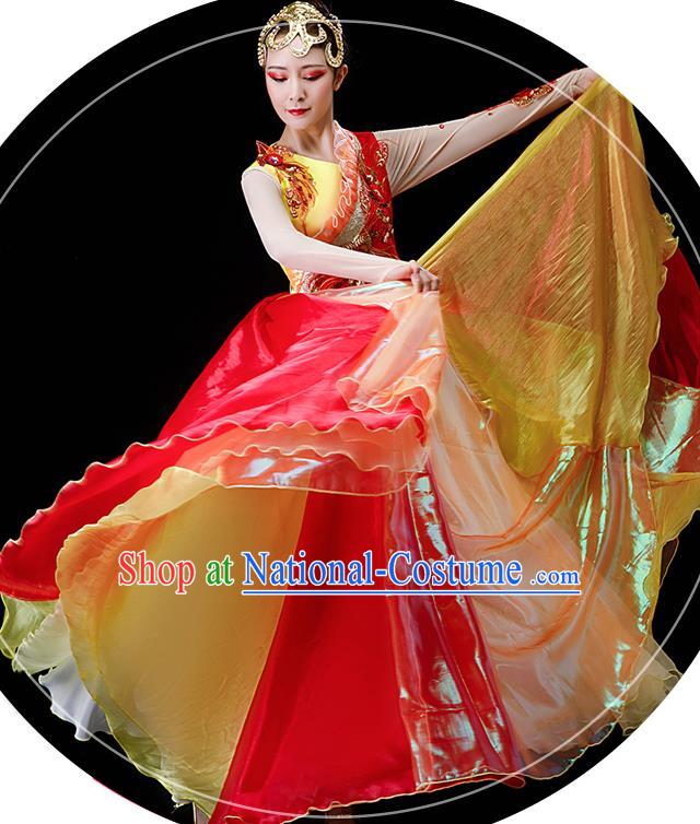 Professional Modern Dance Red Long Dress Opening Dance Garment Women Group Dance Fashion Chorus Performance Costume