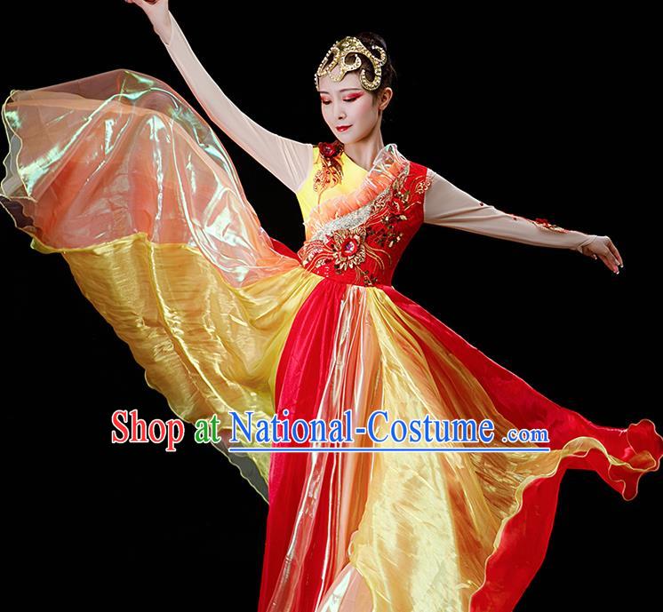 Professional Modern Dance Red Long Dress Opening Dance Garment Women Group Dance Fashion Chorus Performance Costume