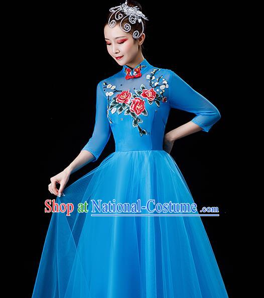 Professional Chorus Performance Costume Modern Dance Blue Veil Dress Opening Dance Garment Women Group Dance Fashion