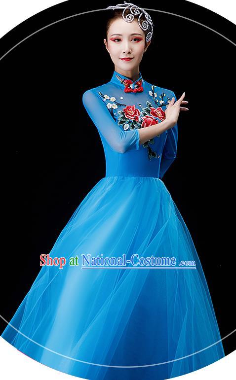 Professional Chorus Performance Costume Modern Dance Blue Veil Dress Opening Dance Garment Women Group Dance Fashion