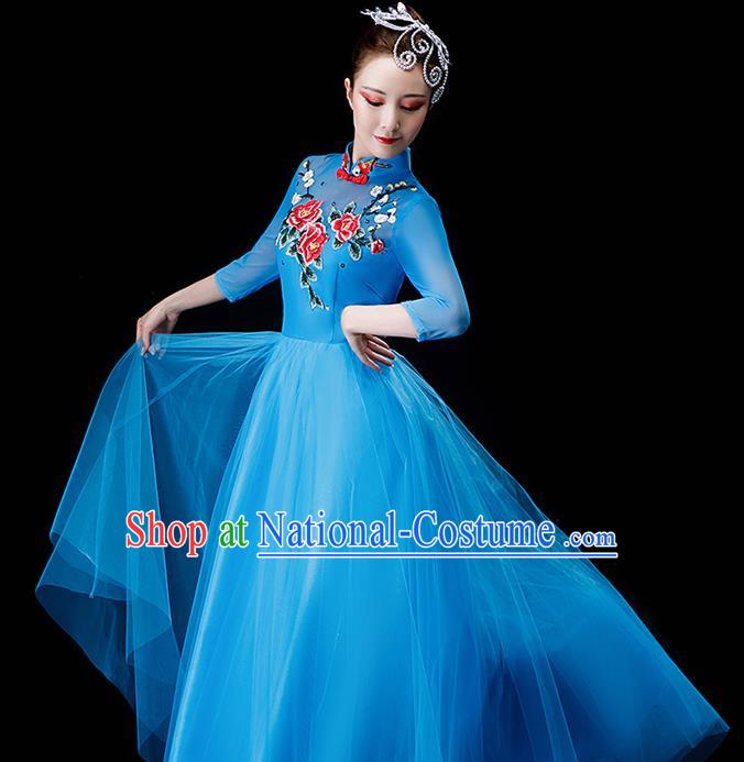 Professional Chorus Performance Costume Modern Dance Blue Veil Dress Opening Dance Garment Women Group Dance Fashion