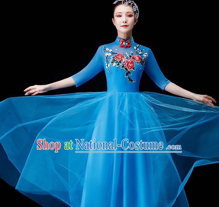 Professional Chorus Performance Costume Modern Dance Blue Veil Dress Opening Dance Garment Women Group Dance Fashion