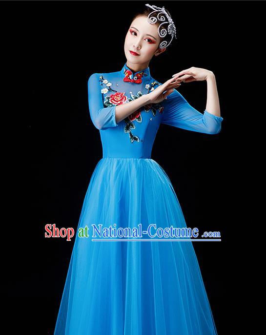 Professional Chorus Performance Costume Modern Dance Blue Veil Dress Opening Dance Garment Women Group Dance Fashion