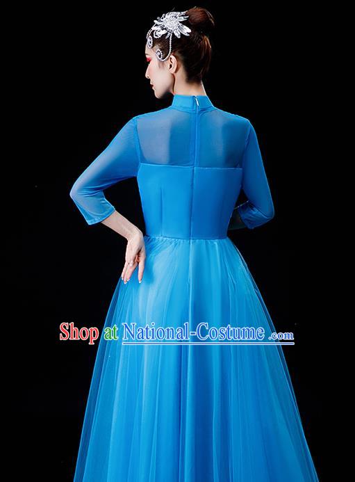 Professional Chorus Performance Costume Modern Dance Blue Veil Dress Opening Dance Garment Women Group Dance Fashion