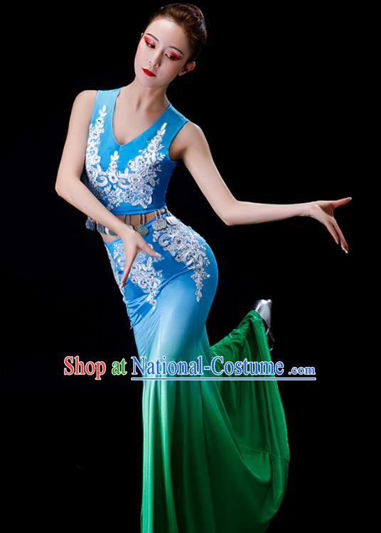 Chinese Dai Nationality Female Clothing Yunnan Minority Folk Dance Garment Costumes Ethnic Festival Peacock Dance Blue Dress Outfits