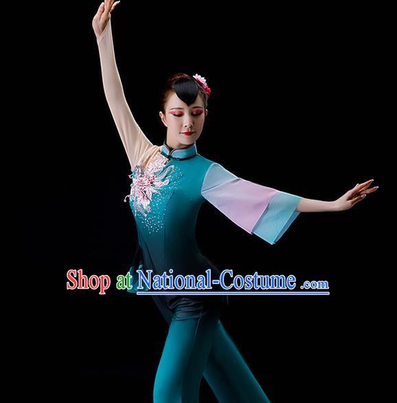 Chinese Fan Dance Apparels Folk Dance Blue Chiffon Uniforms Traditional Women Square Performance Garment Costumes Yangko Dance Clothing