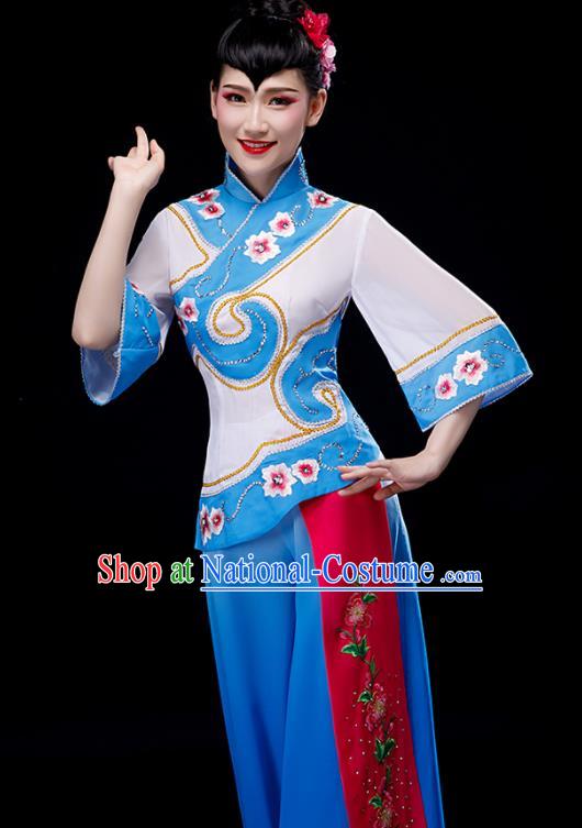 Chinese Yangko Dance Clothing Fan Dance Apparels Folk Dance Blue Uniforms Traditional Women Square Performance Garment Costumes