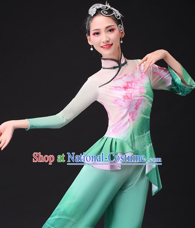 Chinese Traditional Women Square Dance Garment Costumes Yangko Performance Clothing Lotus Dance Apparels Folk Dance Green Uniforms