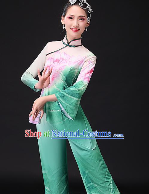 Chinese Traditional Women Square Dance Garment Costumes Yangko Performance Clothing Lotus Dance Apparels Folk Dance Green Uniforms