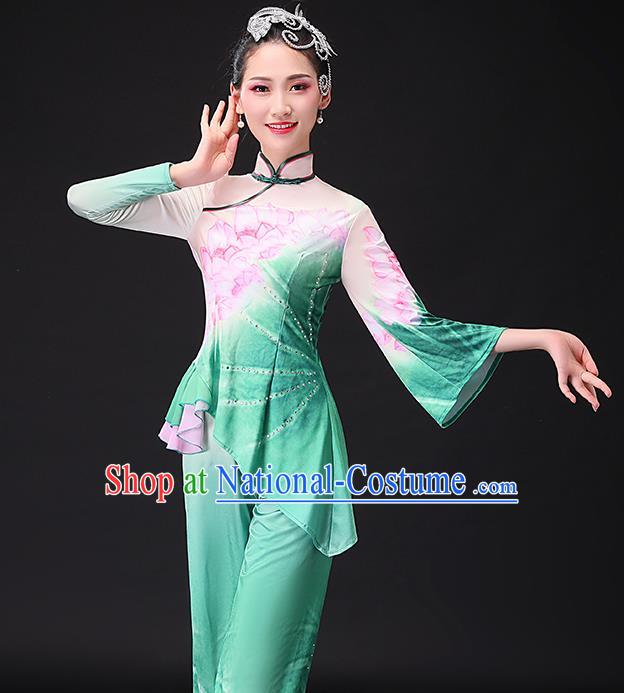 Chinese Traditional Women Square Dance Garment Costumes Yangko Performance Clothing Lotus Dance Apparels Folk Dance Green Uniforms