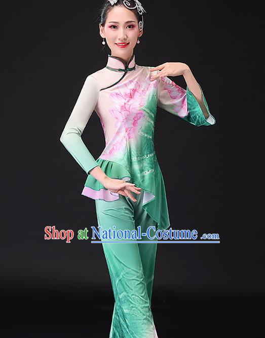 Chinese Traditional Women Square Dance Garment Costumes Yangko Performance Clothing Lotus Dance Apparels Folk Dance Green Uniforms