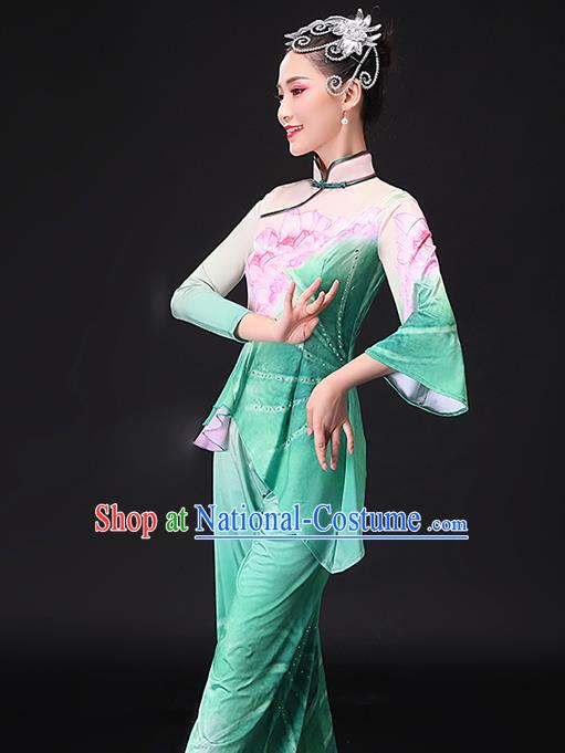 Chinese Traditional Women Square Dance Garment Costumes Yangko Performance Clothing Lotus Dance Apparels Folk Dance Green Uniforms