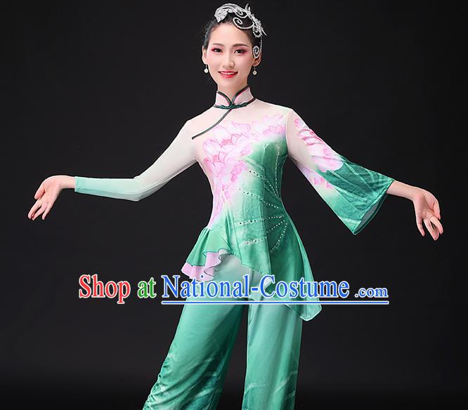 Chinese Traditional Women Square Dance Garment Costumes Yangko Performance Clothing Lotus Dance Apparels Folk Dance Green Uniforms