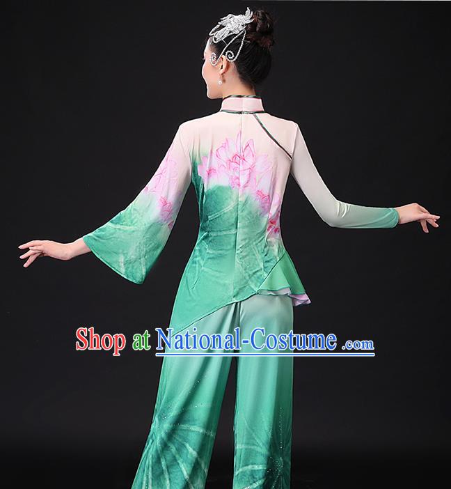 Chinese Traditional Women Square Dance Garment Costumes Yangko Performance Clothing Lotus Dance Apparels Folk Dance Green Uniforms