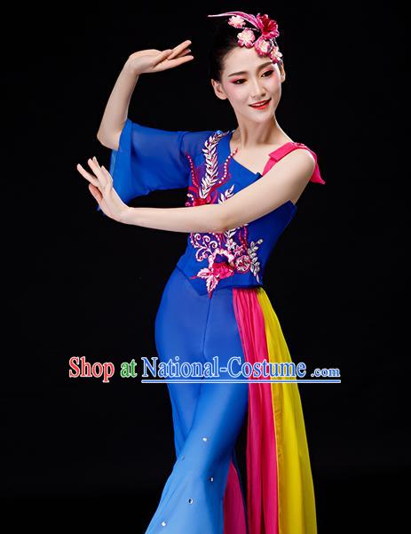 Chinese Folk Dance Royalblue Chiffon Uniforms Traditional Women Square Dance Garment Costumes Yangko Performance Clothing Fan Dance Apparels