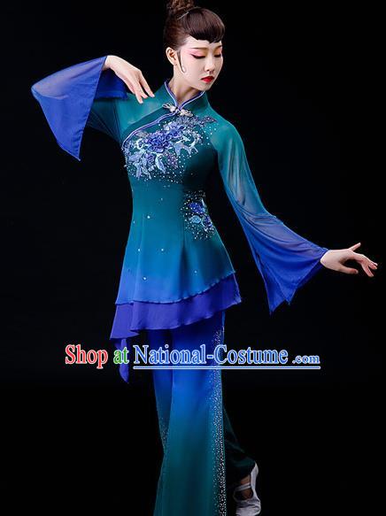 Chinese Folk Dance Deep Blue Uniforms Traditional Fan Dance Garment Costumes Yangko Dance Clothing Women Square Performance Apparels