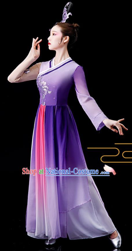 China Women Group Dance Clothing Stage Performance Fashion Uniforms Classical Dance Purple Dress Umbrella Dance Garment Costumes