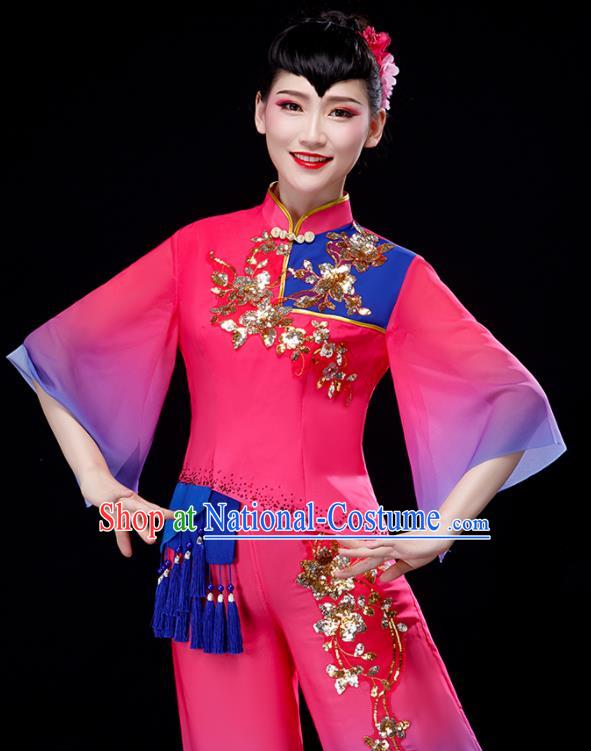 Chinese Folk Dance Rosy Uniforms Traditional Women Drum Dance Garment Costumes Yangko Performance Clothing Fan Dance Apparels