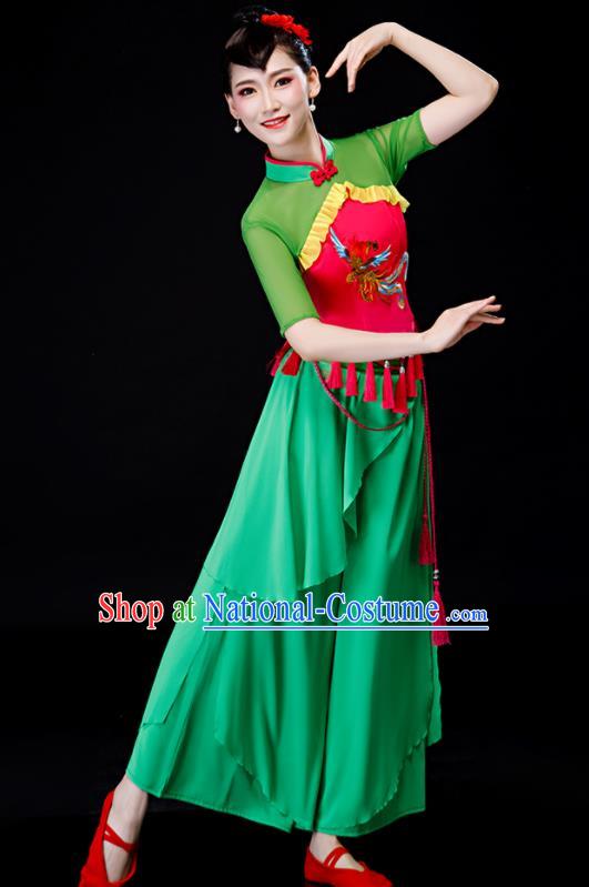 Chinese Fan Dance Apparels Folk Dance Green Uniforms Traditional Women Drum Dance Garment Costumes Yangko Performance Clothing