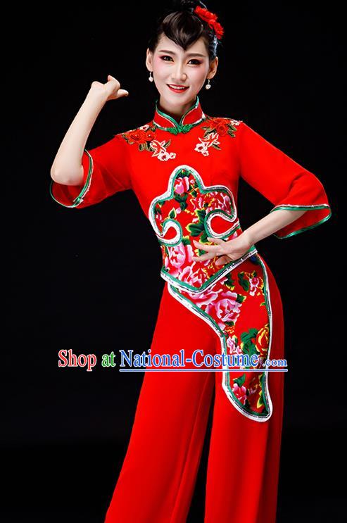 Chinese Yangko Performance Clothing New Year Fan Dance Apparels Folk Dance Red Uniforms Traditional Women Drum Dance Garment Costumes