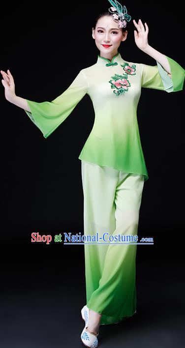 Chinese Folk Dance Green Chiffon Uniforms Traditional Women Group Dance Garment Costumes Yangko Performance Clothing Fan Dance Apparels