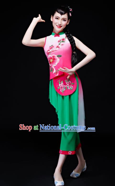 Chinese Fan Dance Apparels Folk Dance Uniforms Traditional Village Girl Dance Garment Costumes Bamboo Hat Performance Clothing