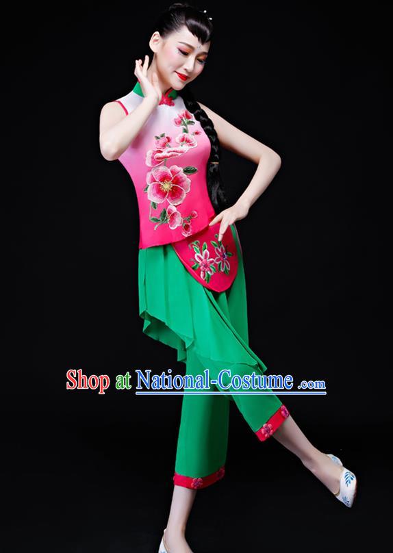 Chinese Fan Dance Apparels Folk Dance Uniforms Traditional Village Girl Dance Garment Costumes Bamboo Hat Performance Clothing