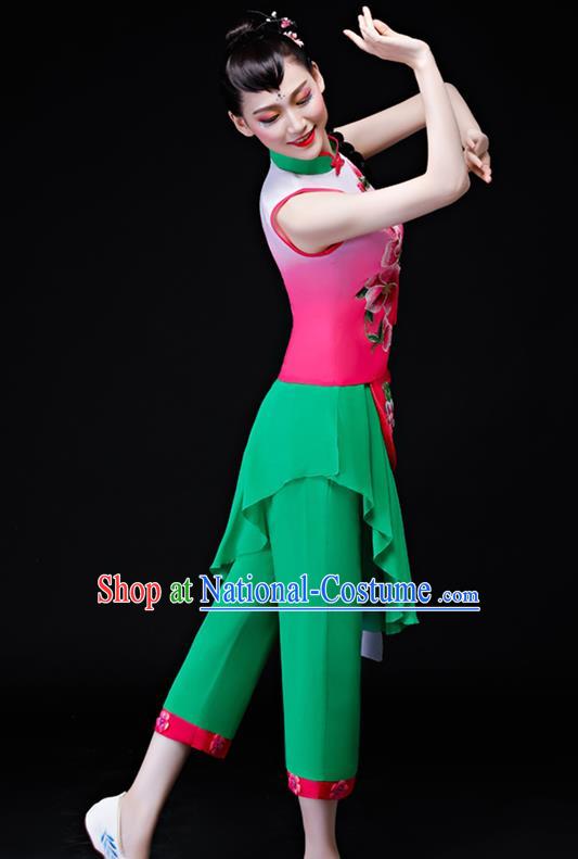 Chinese Fan Dance Apparels Folk Dance Uniforms Traditional Village Girl Dance Garment Costumes Bamboo Hat Performance Clothing