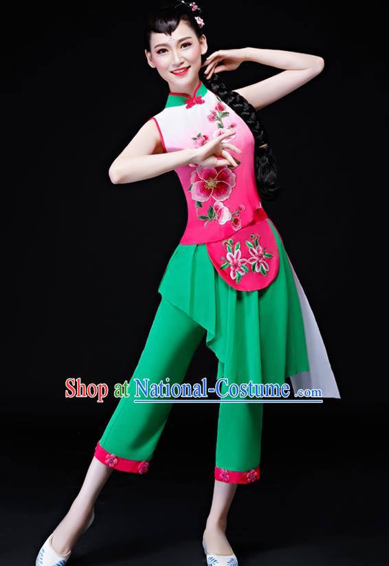 Chinese Fan Dance Apparels Folk Dance Uniforms Traditional Village Girl Dance Garment Costumes Bamboo Hat Performance Clothing