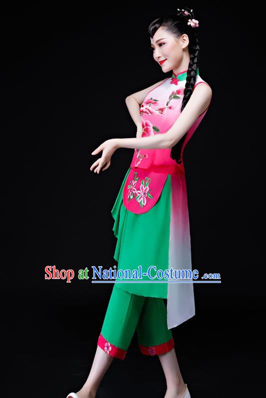 Chinese Fan Dance Apparels Folk Dance Uniforms Traditional Village Girl Dance Garment Costumes Bamboo Hat Performance Clothing