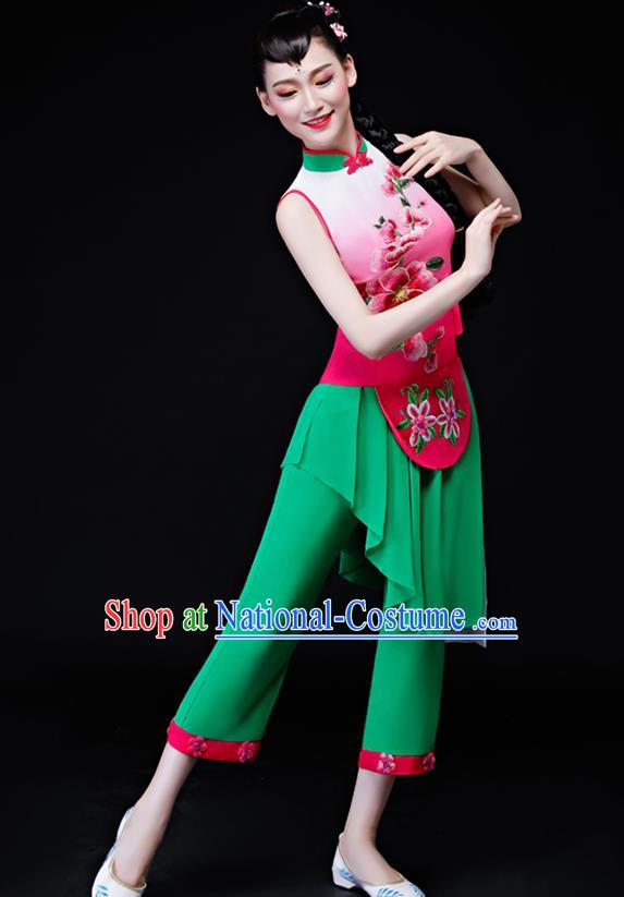 Chinese Fan Dance Apparels Folk Dance Uniforms Traditional Village Girl Dance Garment Costumes Bamboo Hat Performance Clothing