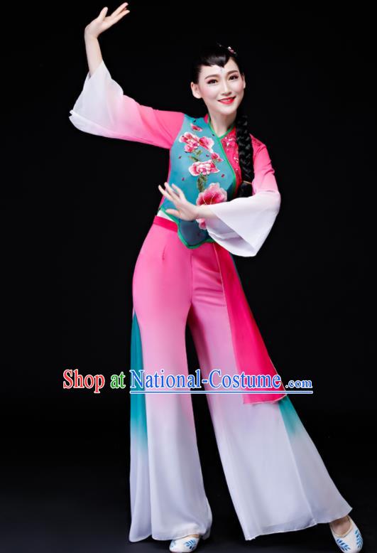 Chinese Yangko Performance Clothing Fan Dance Apparels Folk Dance Pink Uniforms Traditional Flower Drum Dance Garment Costumes